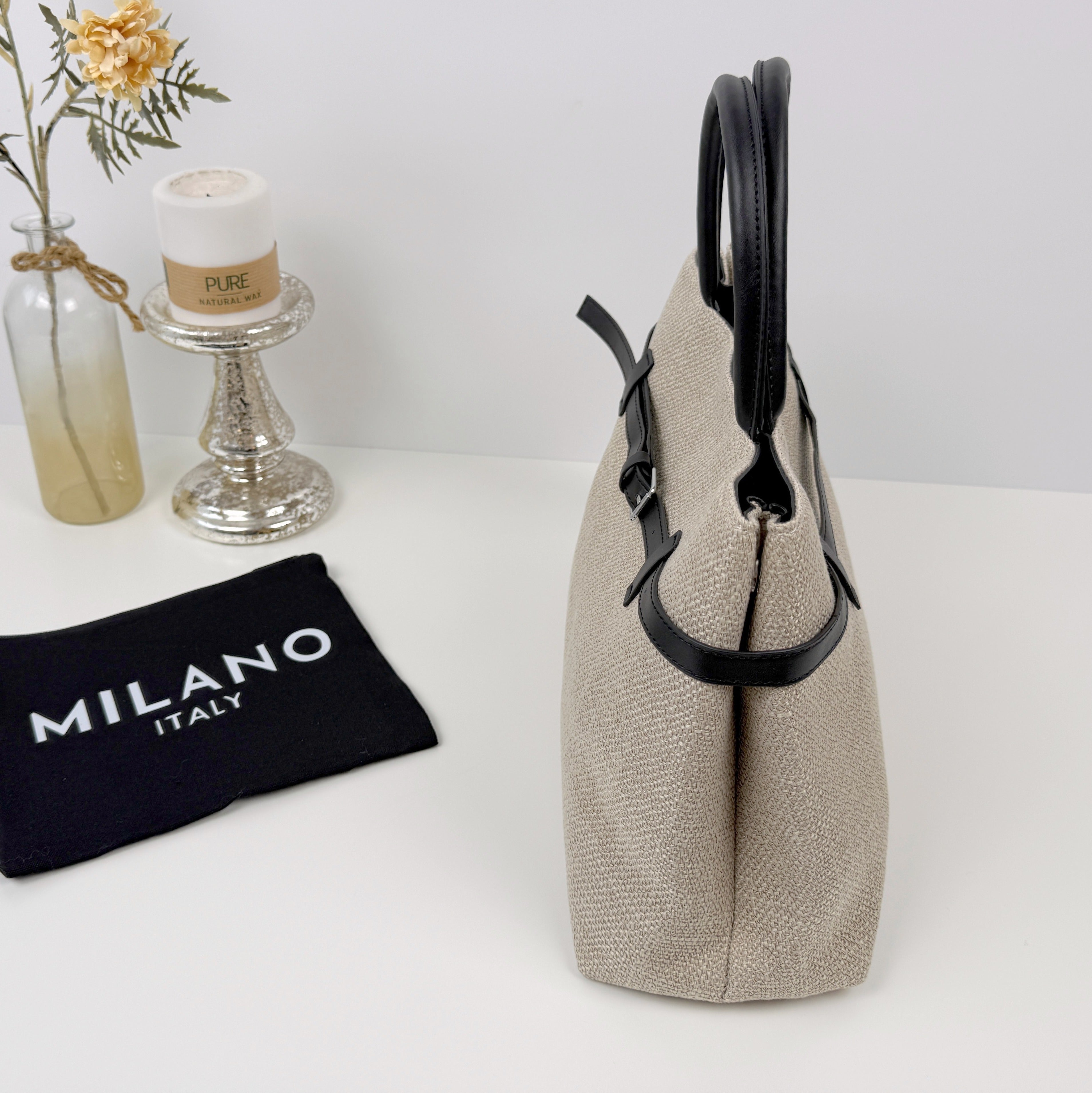 Handtasche - Beige/schwarzen – Magnetverschluss - inkl. Kosmetiktasche