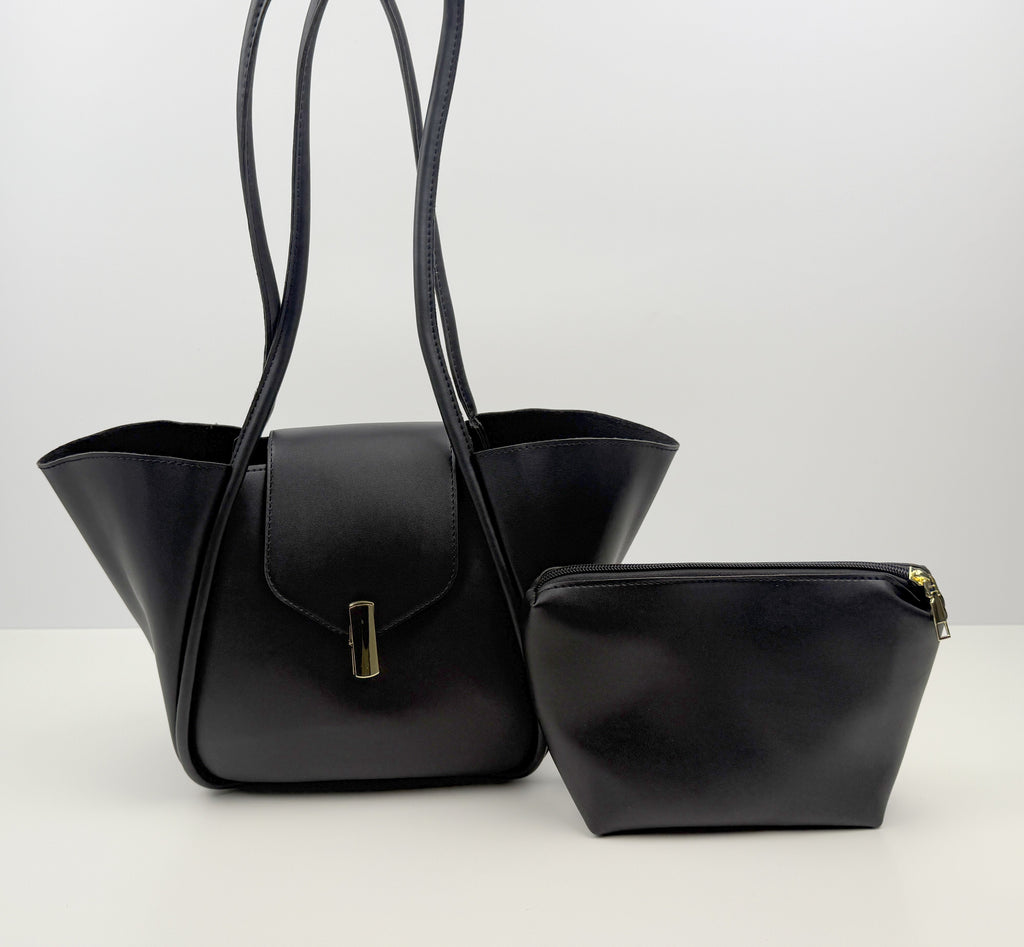 Modische Damen PU Umhängetasche im klassischem Stil mit Kosmetiktasche, 2tlg.