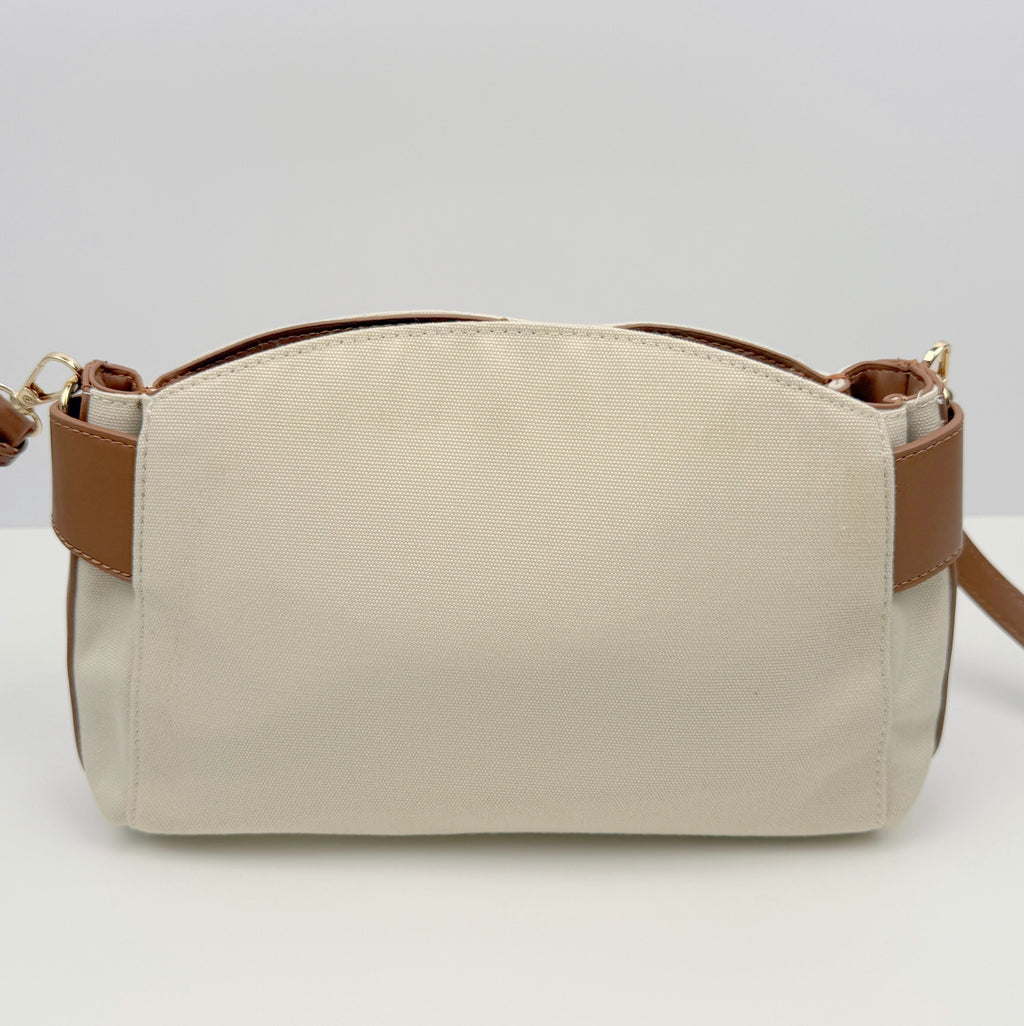 Süße kleine Umhängetasche - camel-ecru Material-Mix Kunstleder & Canvas